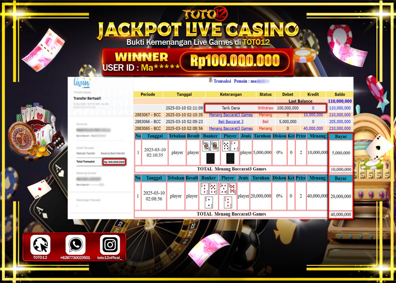 HANYA DI TOTO12 JP PASTI DI BAYAR LUNAS DAN CEPAT!!!!!! JACKPOT LIVE GAMES CASINO (BACCARAT 3) Rp.100.000.000 !!!!