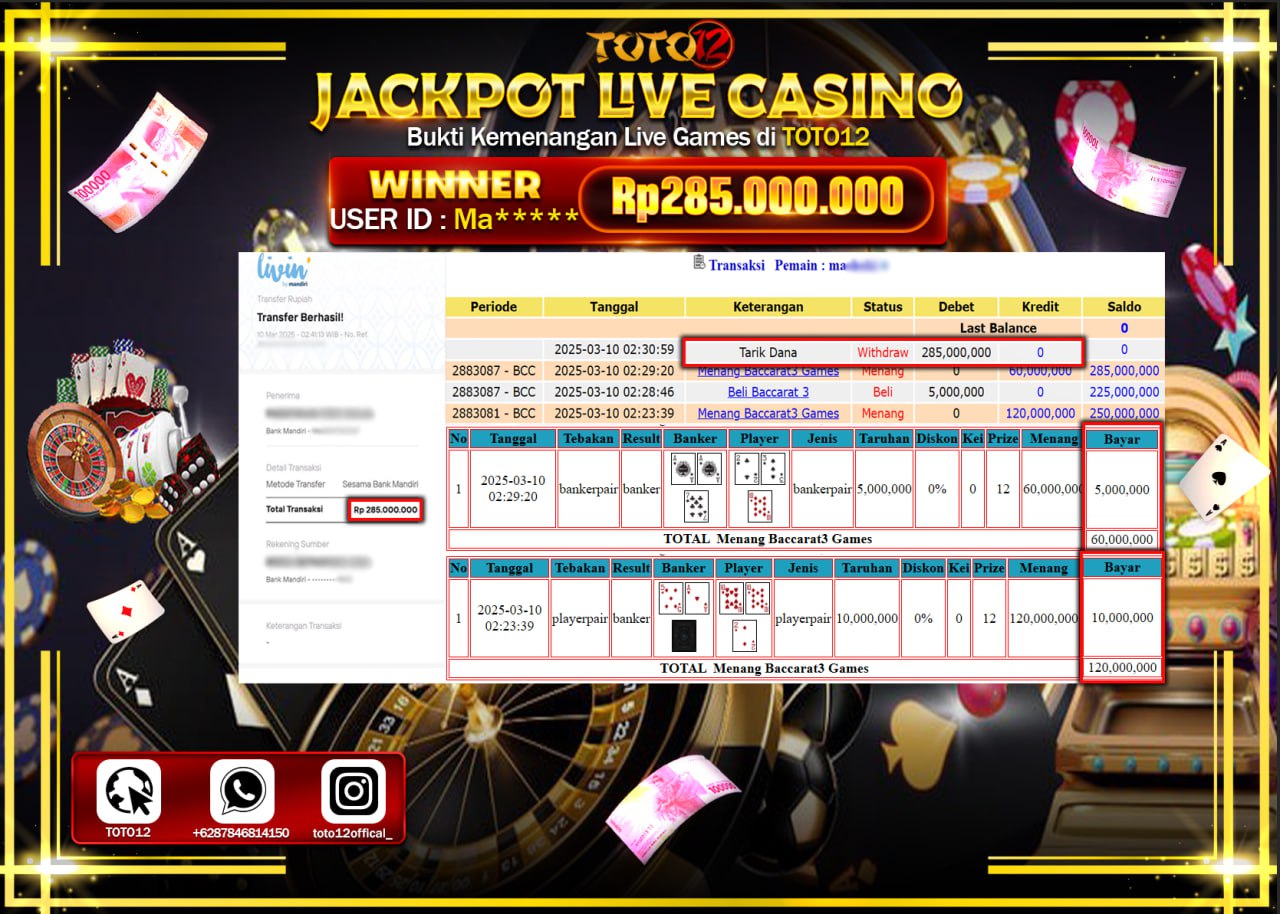 HANYA DI TOTO12 JP PASTI DI BAYAR LUNAS DAN CEPAT!!!!!! JACKPOT LIVE GAMES CASINO (BACCARAT 3) Rp.285.000.000 !!!!