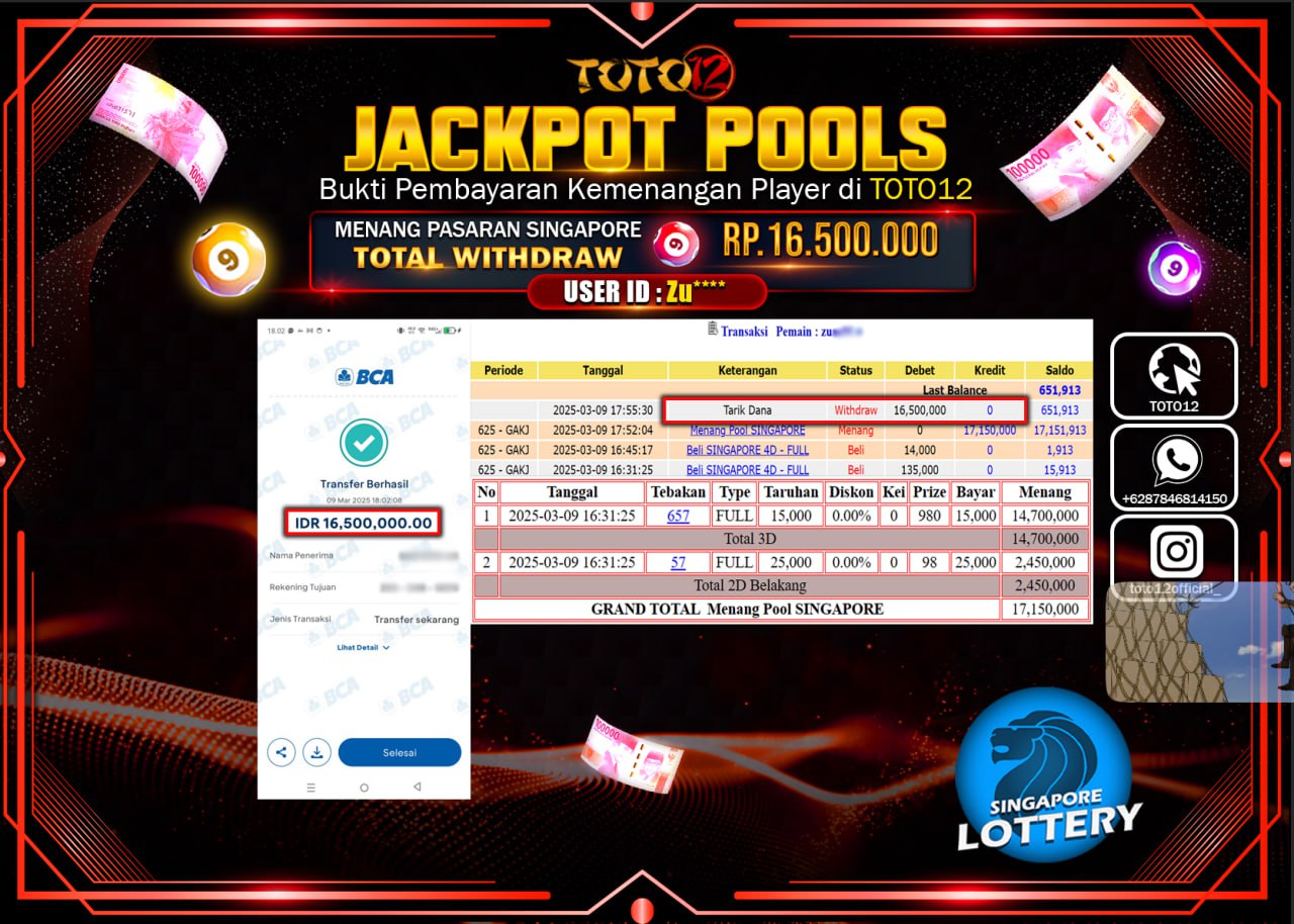 HANYA DI TOTO12 JP PASTI DI BAYAR LUNAS DAN CEPAT!!!!!! JACKPOT POOLS PASARAN (SINGAPORE) Rp.16.500.000 !!!!