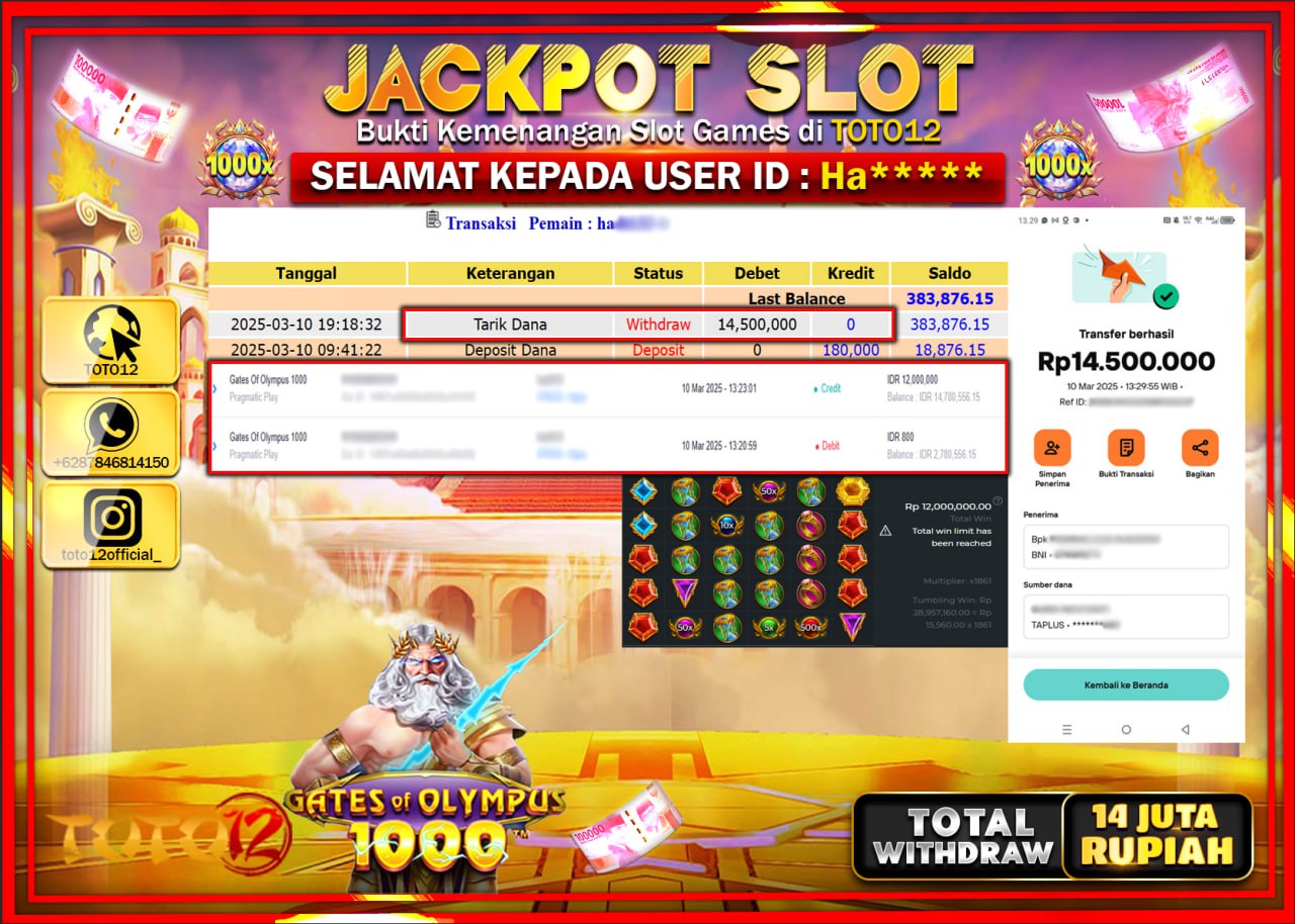 HANYA DI TOTO12 JP PASTI DI BAYAR LUNAS DAN CEPAT!!!!!! JACKPOT SLOT GAME (GATES OF OLYMPUS 1000) Rp.14.000.000 !!!!