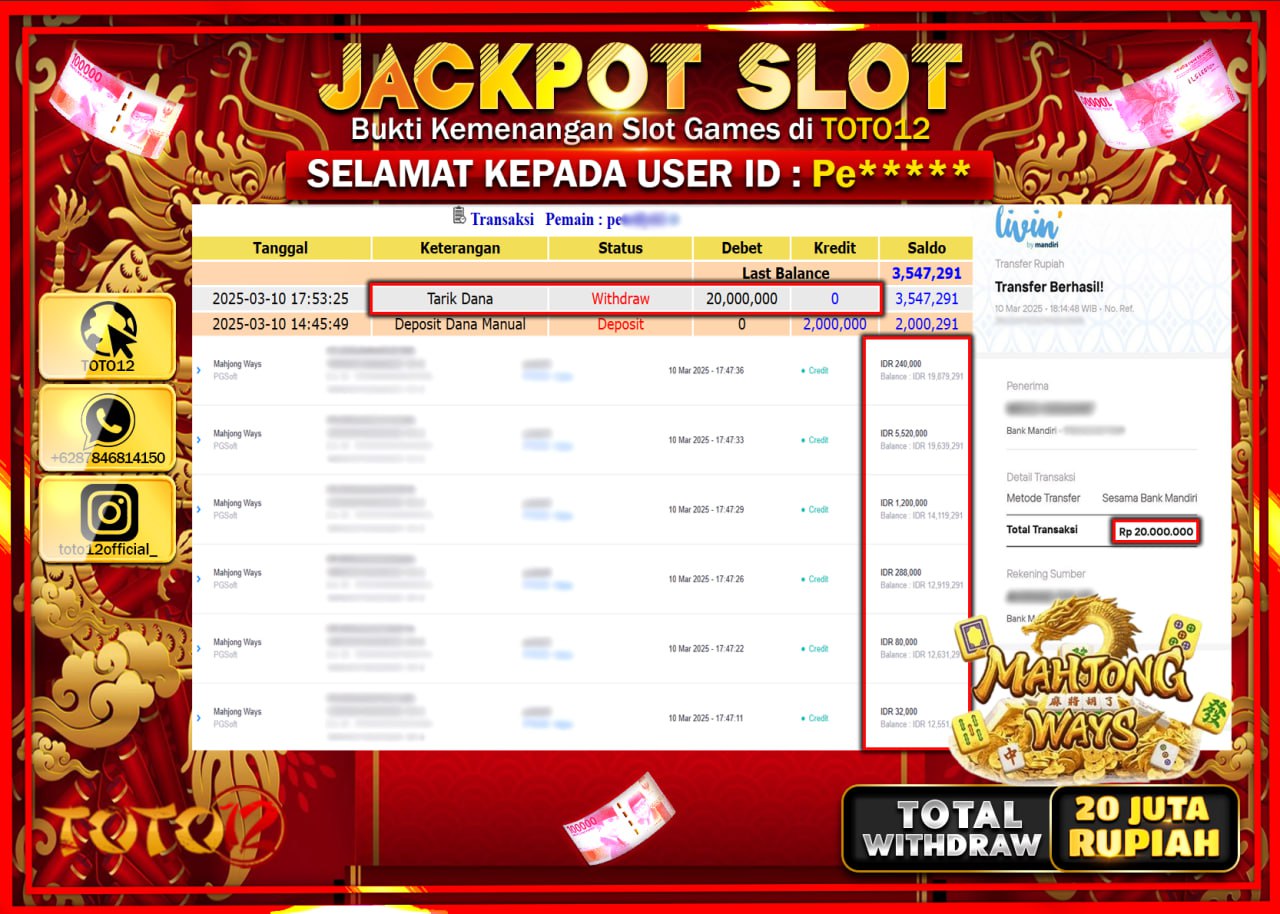 HANYA DI TOTO12 JP PASTI DI BAYAR LUNAS DAN CEPAT!!!!!! JACKPOT SLOT GAME (MAHJONG WAYS) Rp.20.000.000 !!!!