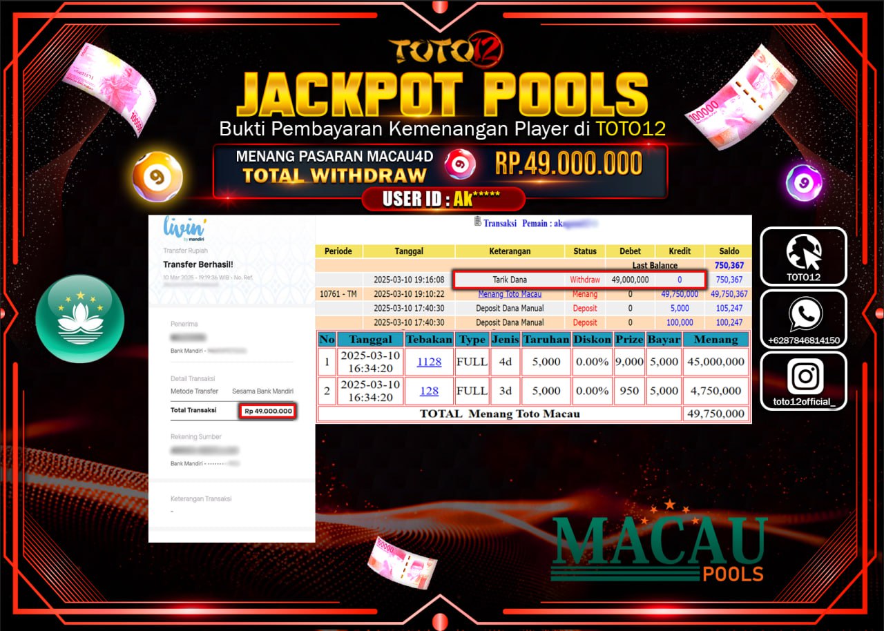 HANYA DI TOTO12 JP PASTI DI BAYAR LUNAS DAN CEPAT!!!!!! JACKPOT POOLS PASARAN (TOTO MACAU4D) Rp.49.000.000 !!!!