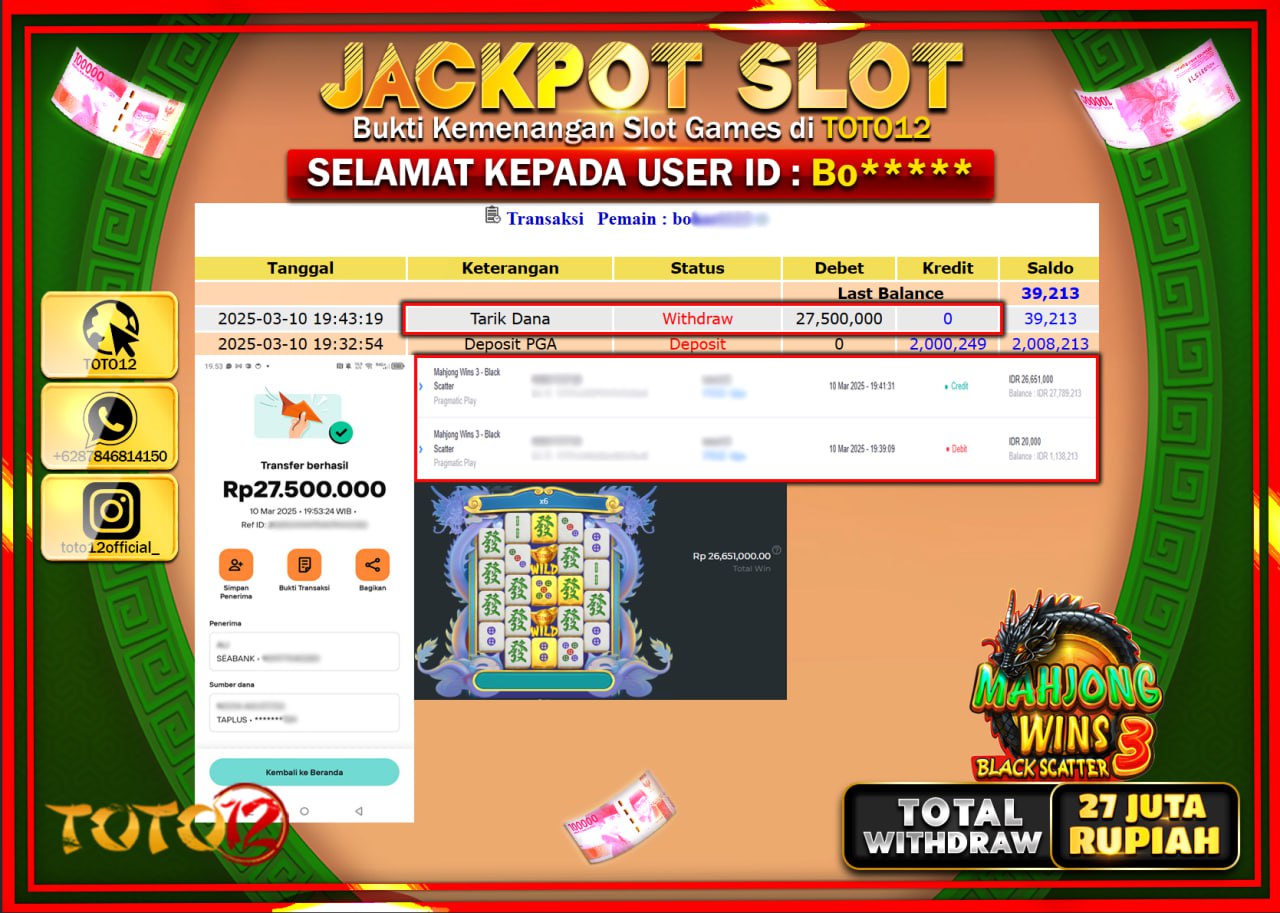 HANYA DI TOTO12 JP PASTI DI BAYAR LUNAS DAN CEPAT!!!!!! JACKPOT SLOT GAME (MAHJONG WINS 3 BLACK SCATTER) Rp.27.000.000 !!!!