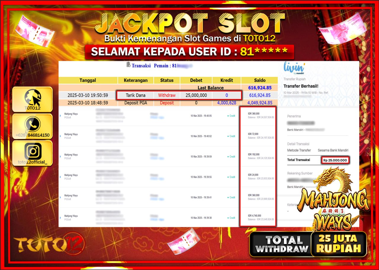 HANYA DI TOTO12 JP PASTI DI BAYAR LUNAS DAN CEPAT!!!!!! JACKPOT SLOT GAME (MAHJONG WAYS) Rp.25.000.000 !!!!