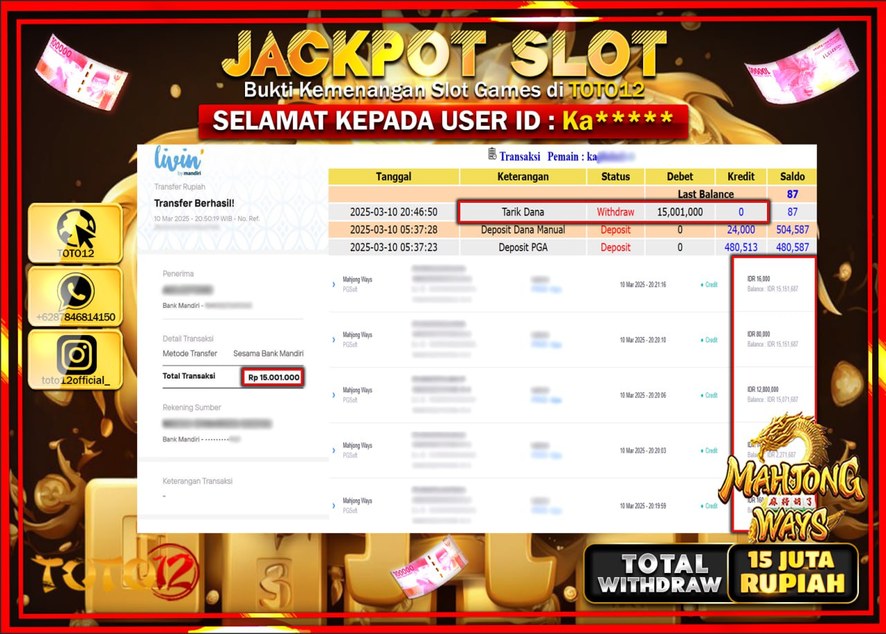 HANYA DI TOTO12 JP PASTI DI BAYAR LUNAS DAN CEPAT!!!!!! JACKPOT SLOT GAME (MAHJONG WAYS) Rp.15.000.000 !!!!