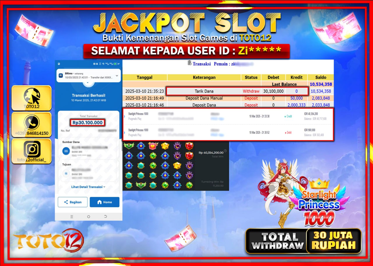 HANYA DI TOTO12 JP PASTI DI BAYAR LUNAS DAN CEPAT!!!!!! JACKPOT SLOT GAME (STARLIGHT PRINCESS 1000) Rp.30.000.000 !!!!