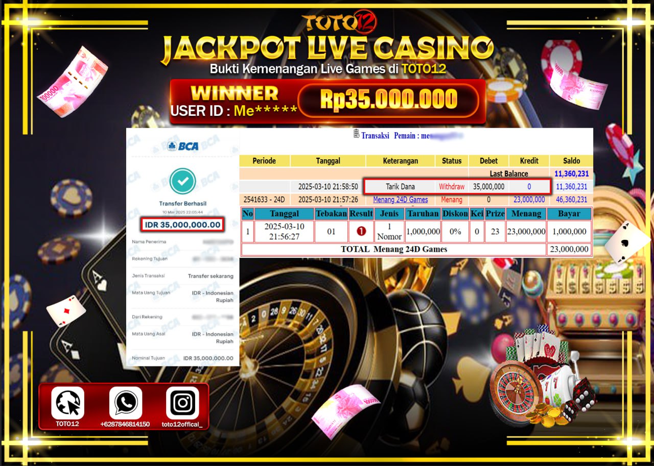 HANYA DI TOTO12 JP PASTI DI BAYAR LUNAS DAN CEPAT!!!!!! JACKPOT LIVE GAMES CASINO (24D) Rp.35.000.000 !!!!