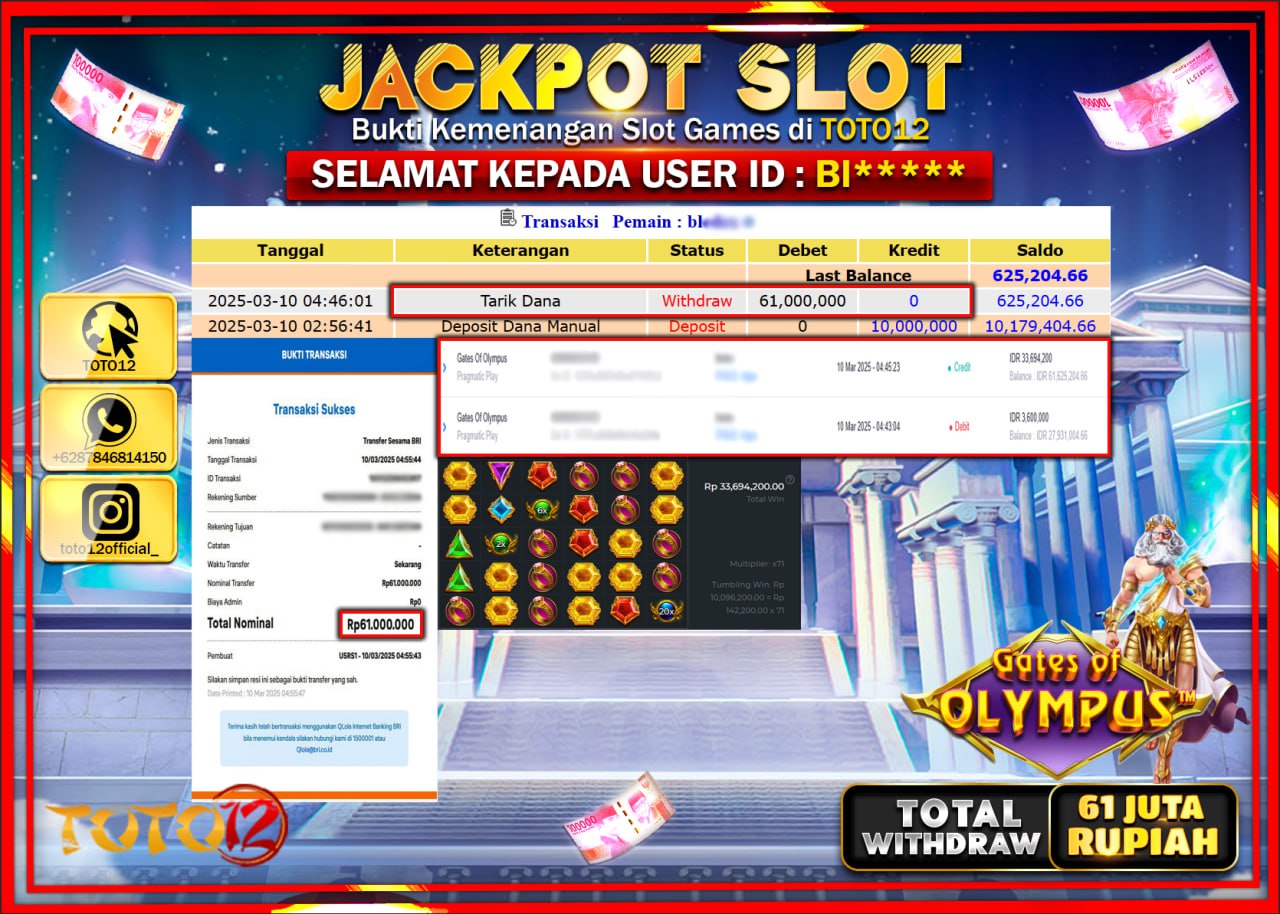 HANYA DI TOTO12 JP PASTI DI BAYAR LUNAS DAN CEPAT!!!!!! JACKPOT SLOT GAME (GATES OF OLYMPUS) Rp.61.000.000 !!!!
