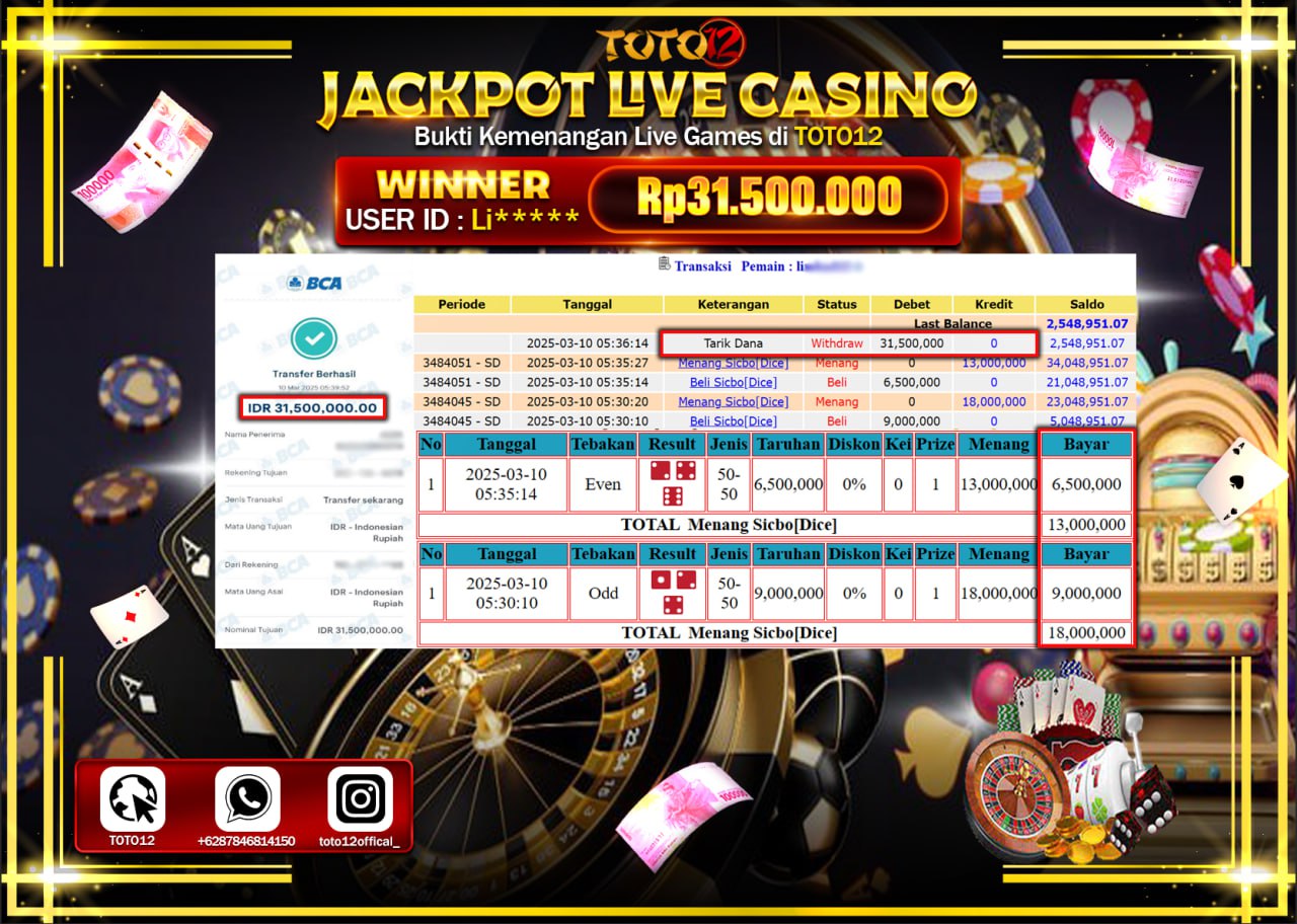 HANYA DI TOTO12 JP PASTI DI BAYAR LUNAS DAN CEPAT!!!!!! JACKPOT LIVE GAMES CASINO (SICBO DICE) Rp.31.500.000 !!!!