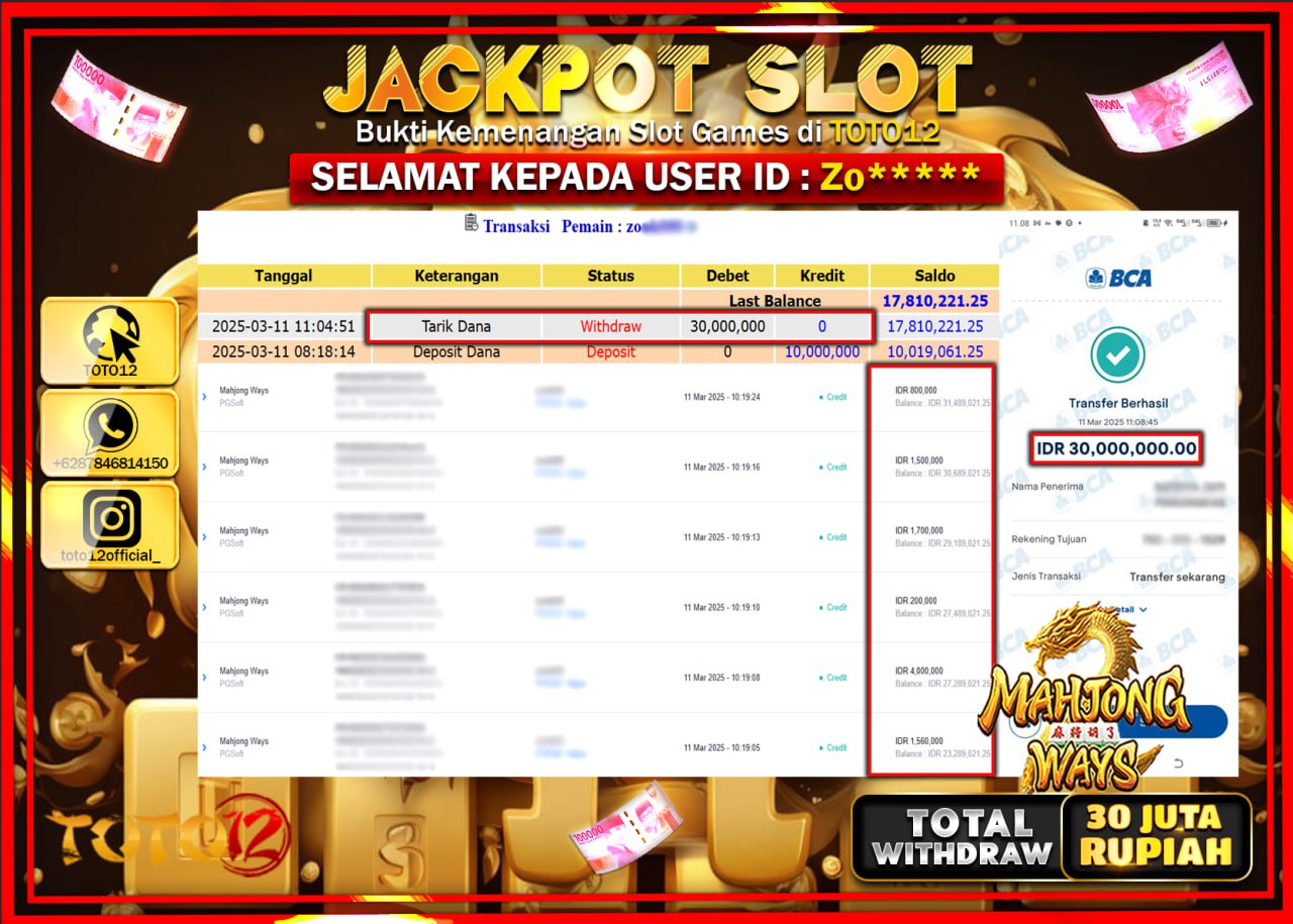 HANYA DI TOTO12 JP PASTI DI BAYAR LUNAS DAN CEPAT!!!!!! JACKPOT SLOT GAME (MAHJONG WAYS) Rp.30.000.000 !!!!