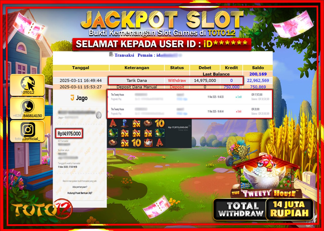 HANYA DI TOTO12 JP PASTI DI BAYAR LUNAS DAN CEPAT!!!!!! JACKPOT SLOT GAME (THE TWEETY HOUSE) Rp.14.000.000 !!!!