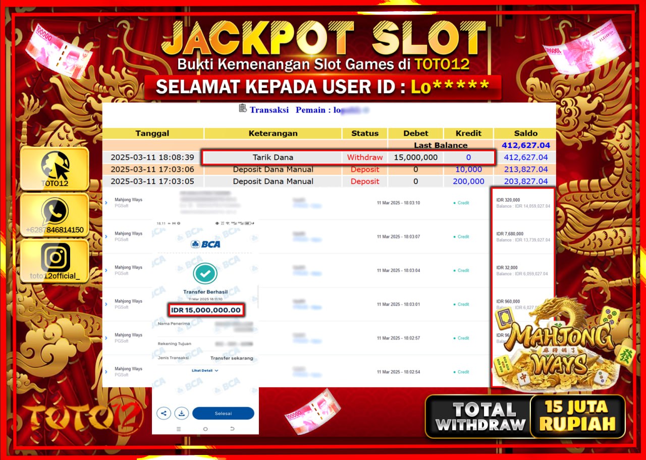 HANYA DI TOTO12 JP PASTI DI BAYAR LUNAS DAN CEPAT!!!!!! JACKPOT SLOT GAME (MAHJONG WAYS) Rp.15.000.000 !!!!