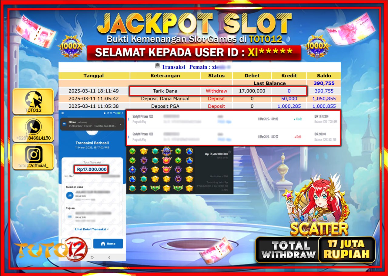 HANYA DI TOTO12 JP PASTI DI BAYAR LUNAS DAN CEPAT!!!!!! JACKPOT SLOT GAME (STARLIGHT PRINCESS 1000) Rp.17.000.000 !!!!