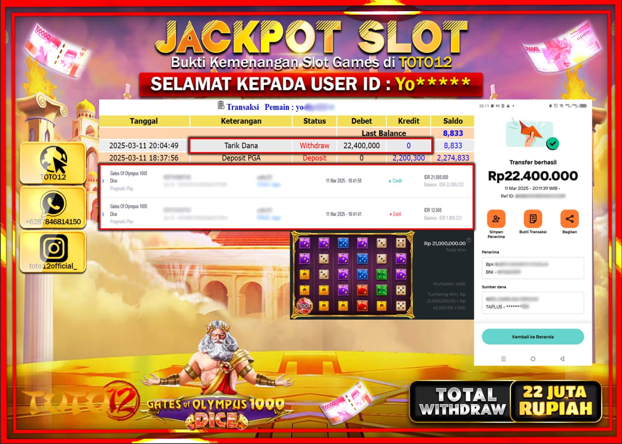 HANYA DI TOTO12 JP PASTI DI BAYAR LUNAS DAN CEPAT!!!!!! JACKPOT SLOT GAME (GATES OF OLYMPUS 1000 DICE) Rp.22.000.000 !!!!