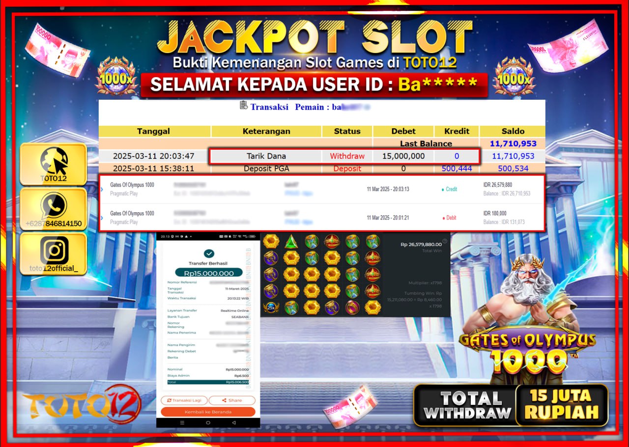HANYA DI TOTO12 JP PASTI DI BAYAR LUNAS DAN CEPAT!!!!!! JACKPOT SLOT GAME (GATES OF OLYMPUS 1000) Rp.15.000.000 !!!!