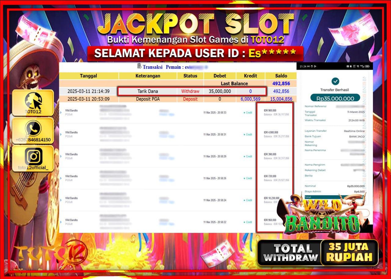 HANYA DI TOTO12 JP PASTI DI BAYAR LUNAS DAN CEPAT!!!!!! JACKPOT SLOT GAME (WILD BANDITO) Rp.35.000.000 !!!!