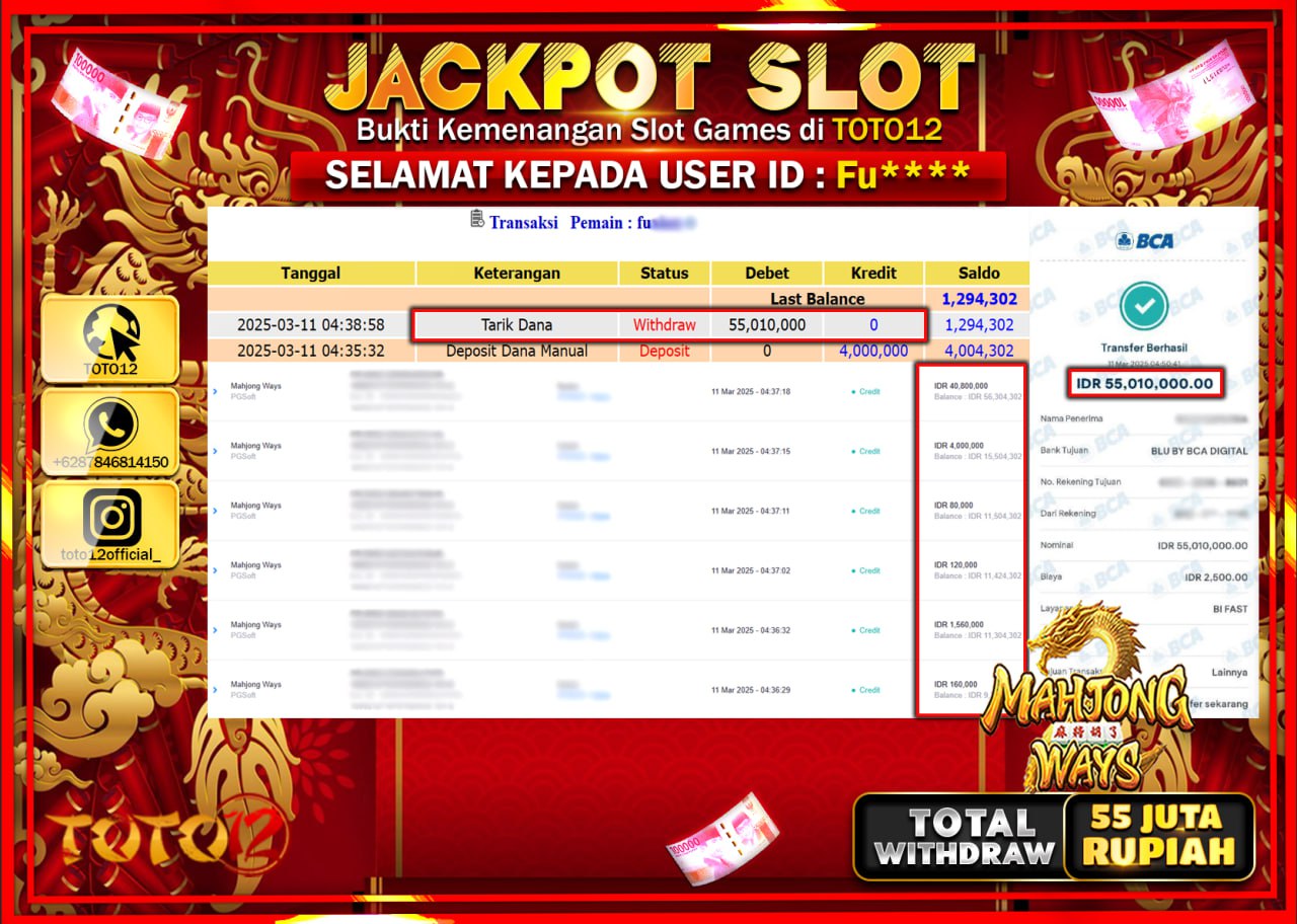 HANYA DI TOTO12 JP PASTI DI BAYAR LUNAS DAN CEPAT!!!!!! JACKPOT SLOT GAME (MAHJONG WAYS) Rp.55.000.000 !!!!