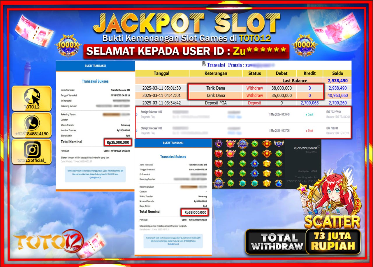 HANYA DI TOTO12 JP PASTI DI BAYAR LUNAS DAN CEPAT!!!!!! JACKPOT SLOT GAME (STARLIGHT PRINCESS 1000) Rp.73.000.000 !!!!