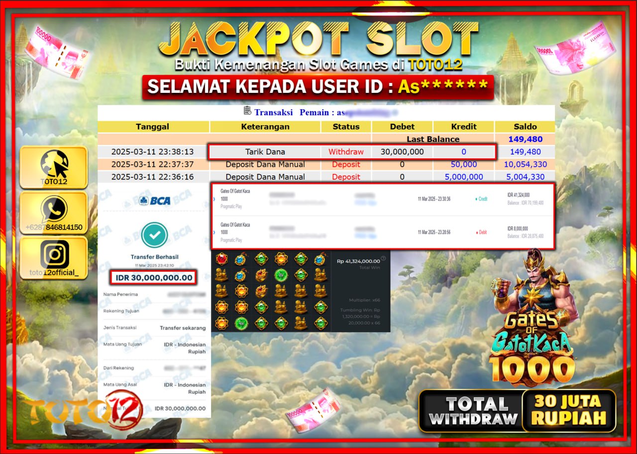 HANYA DI TOTO12 JP PASTI DI BAYAR LUNAS DAN CEPAT!!!!!! JACKPOT SLOT GAME (GATES OF GATOT KACA 1000) Rp.30.000.000 !!!!