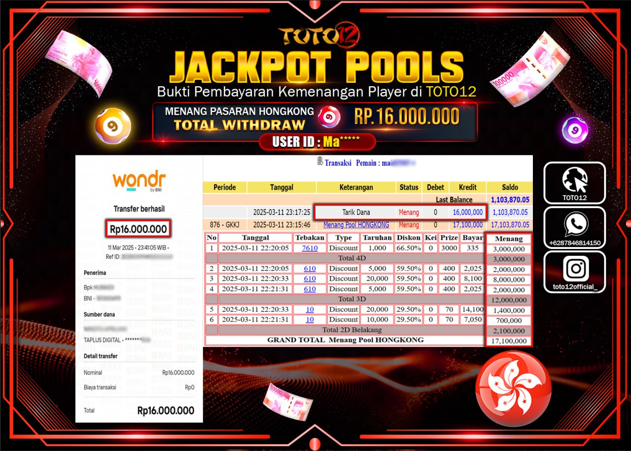 HANYA DI TOTO12 JP PASTI DI BAYAR LUNAS DAN CEPAT!!!!!! JACKPOT POOLS PASARAN (HONGKONG) Rp.16.000.000 !!!!