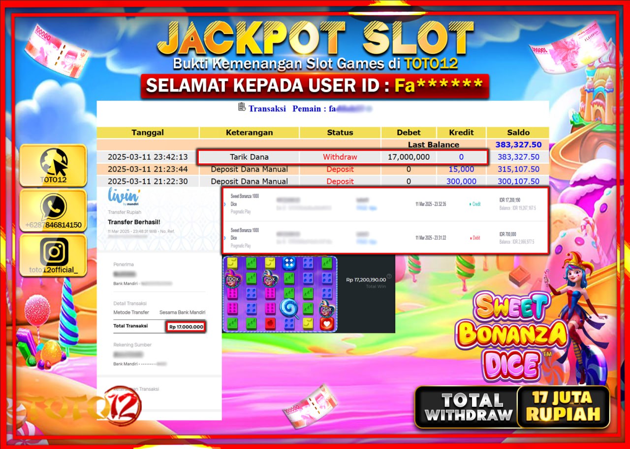 HANYA DI TOTO12 JP PASTI DI BAYAR LUNAS DAN CEPAT!!!!!! JACKPOT SLOT GAME (SWEET BONANZA DICE) Rp.17.000.000 !!!!