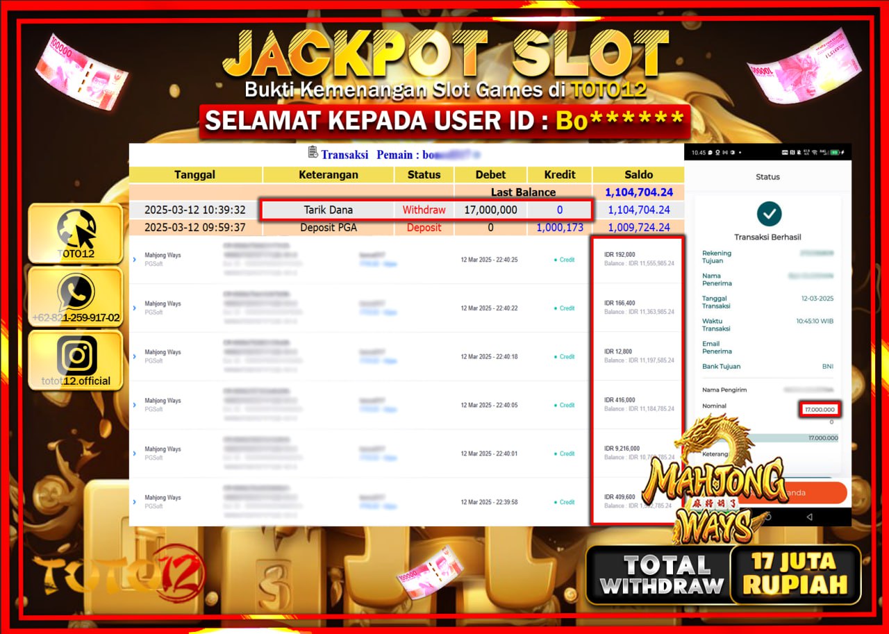 HANYA DI TOTO12 JP PASTI DI BAYAR LUNAS DAN CEPAT!!!!!! JACKPOT SLOT GAME (MAHJONG WAYS) Rp.17.000.000 !!!!