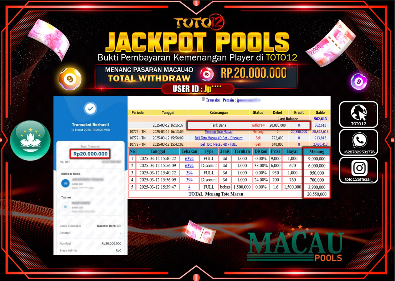 HANYA DI TOTO12 JP PASTI DI BAYAR LUNAS DAN CEPAT!!!!!! JACKPOT POOLS PASARAN (TOTO MACAU4D) Rp.20.000.000 !!!!