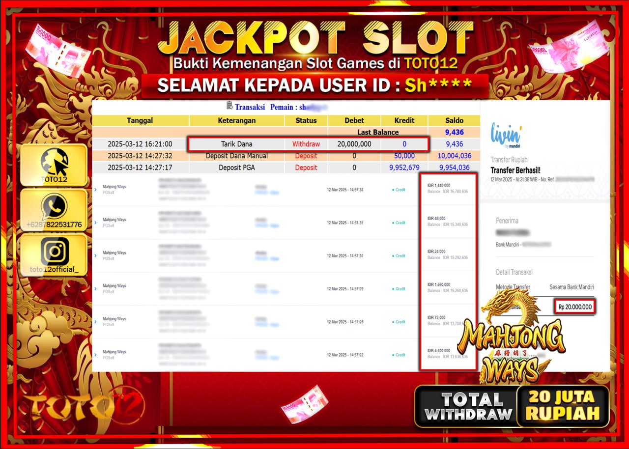 HANYA DI TOTO12 JP PASTI DI BAYAR LUNAS DAN CEPAT!!!!!! JACKPOT SLOT GAME (MAHJONG WAYS) Rp.20.000.000 !!!!