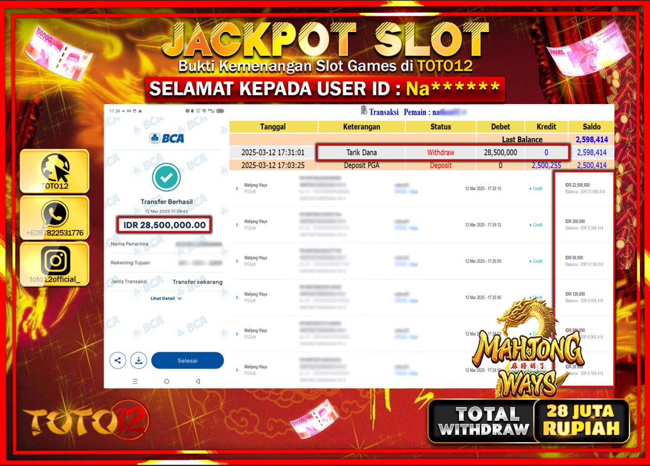 HANYA DI TOTO12 JP PASTI DI BAYAR LUNAS DAN CEPAT!!!!!! JACKPOT SLOT GAME (MAHJONG WAYS) Rp.28.000.000 !!!!