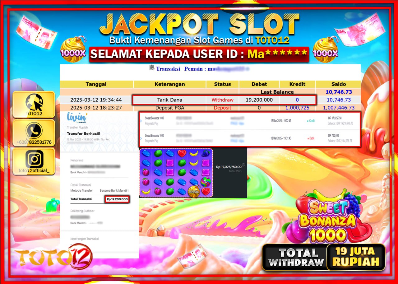 HANYA DI TOTO12 JP PASTI DI BAYAR LUNAS DAN CEPAT!!!!!! JACKPOT SLOT GAME (SWEET BONANZA 1000) Rp.19.000.000 !!!!