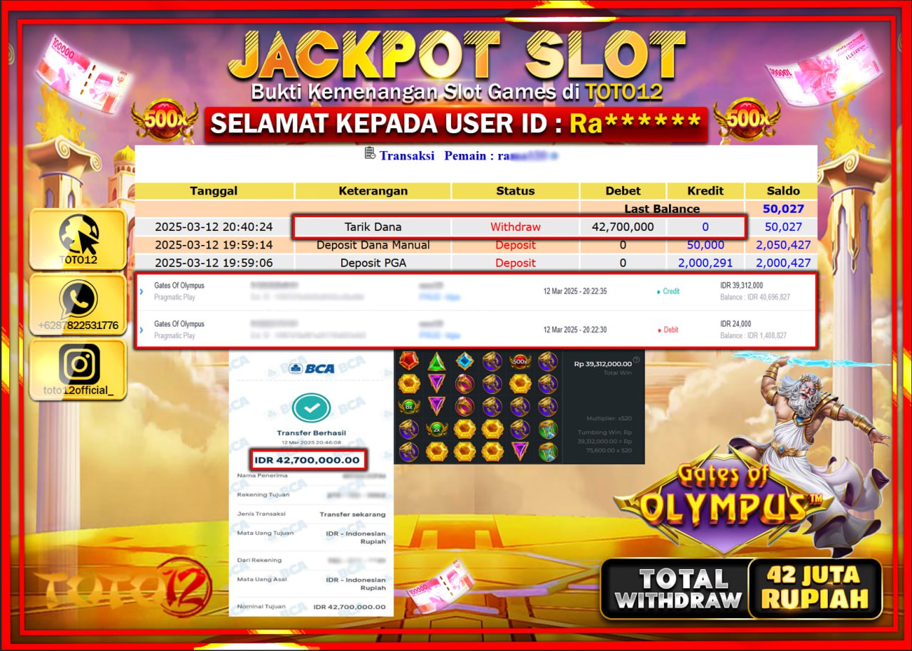 HANYA DI TOTO12 JP PASTI DI BAYAR LUNAS DAN CEPAT!!!!!! JACKPOT SLOT GAME (GATES OF OLYMPUS) Rp.42.000.000 !!!!