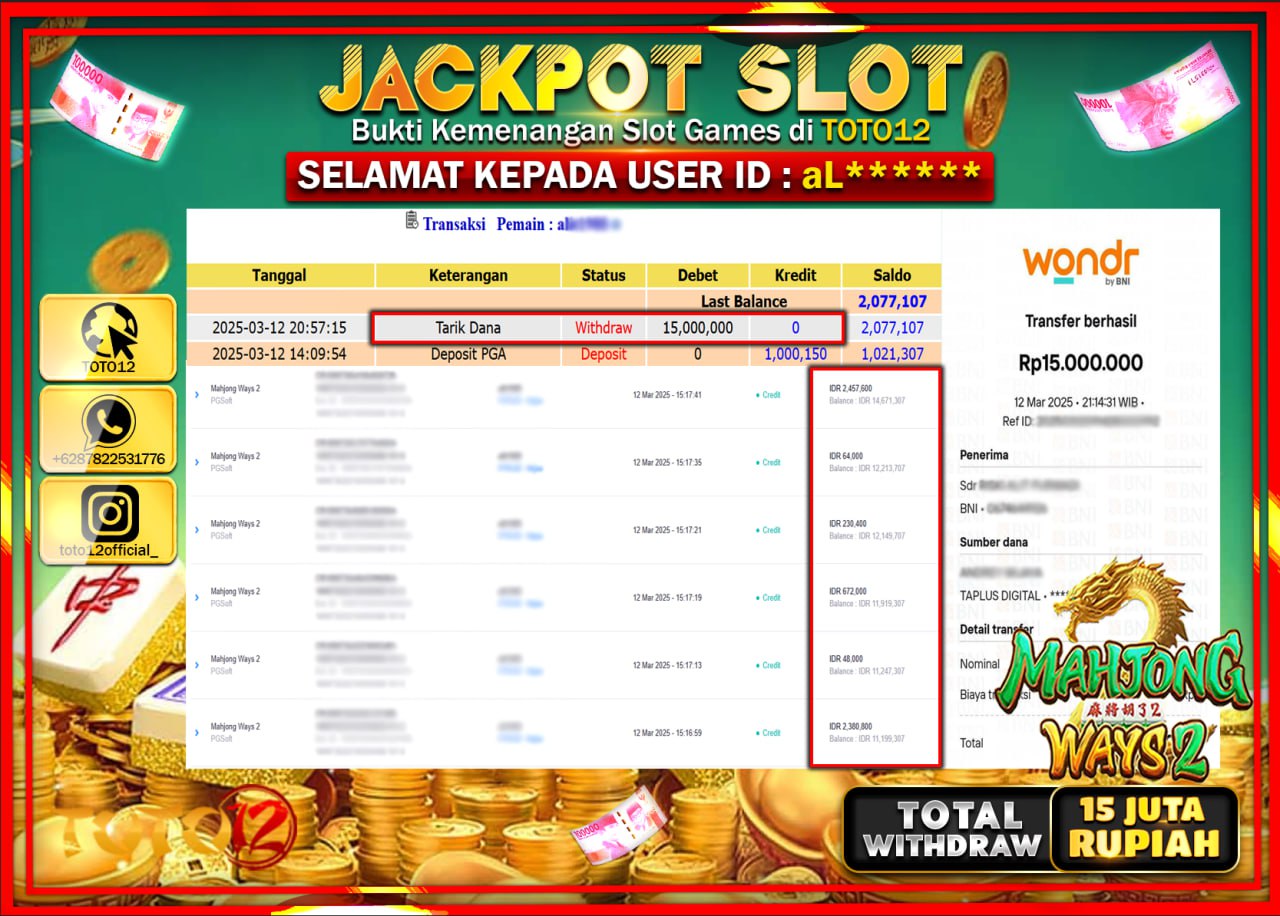 HANYA DI TOTO12 JP PASTI DI BAYAR LUNAS DAN CEPAT!!!!!! JACKPOT SLOT GAME (MAHJONG WAYS 2) Rp.15.000.000 !!!!