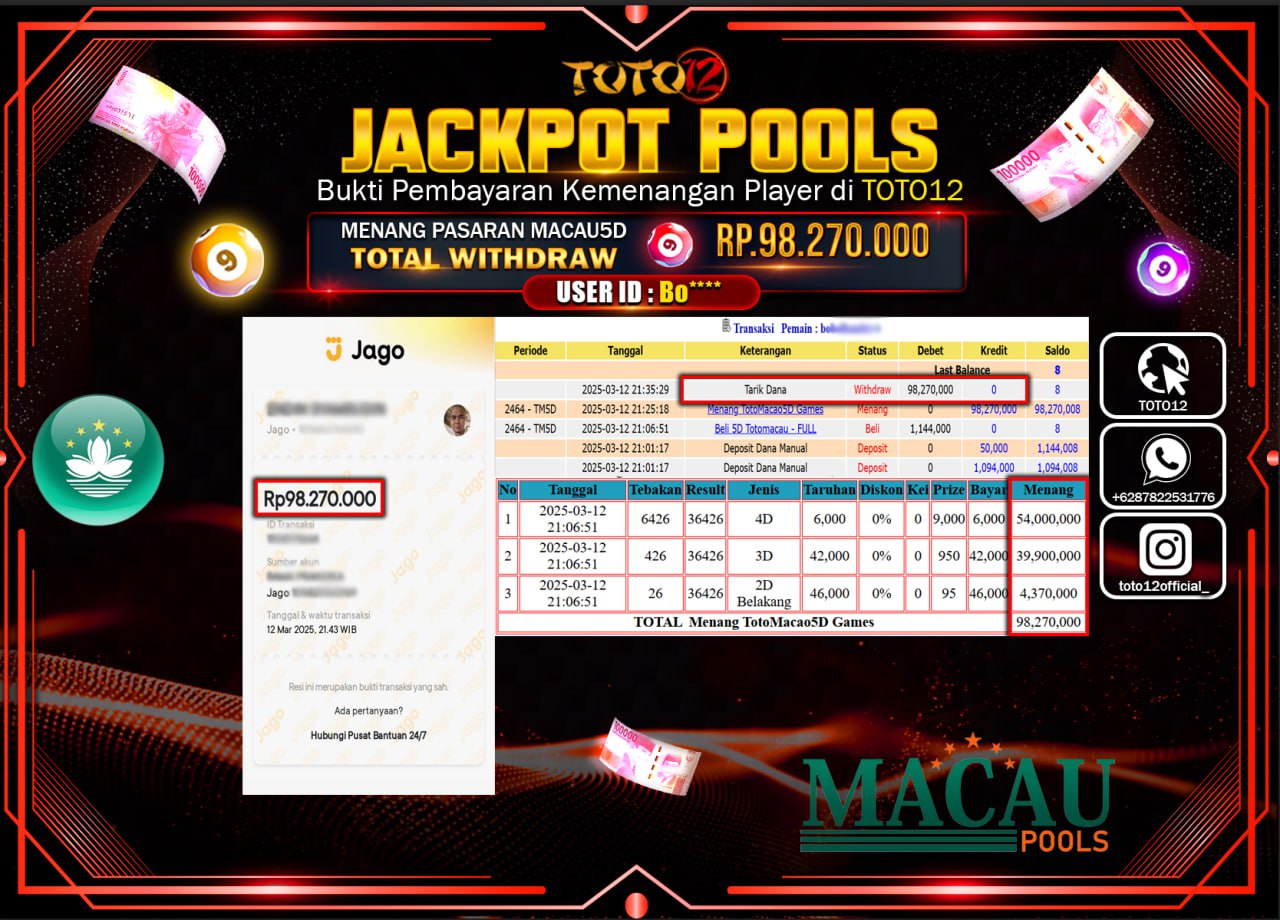 HANYA DI TOTO12 JP PASTI DI BAYAR LUNAS DAN CEPAT!!!!!! JACKPOT POOLS PASARAN (TOTO MACAU5D) Rp.98.270.000 !!!!