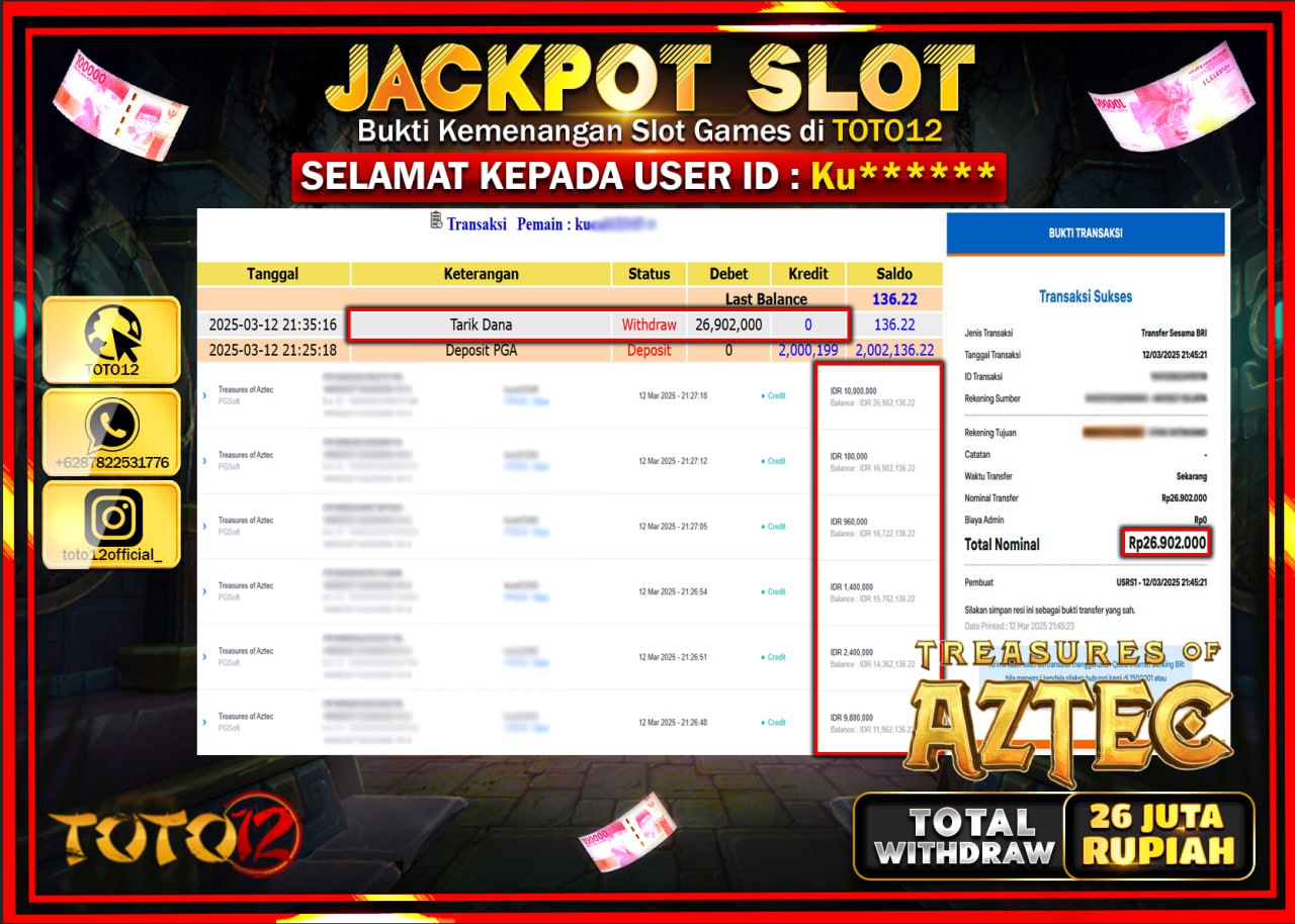 HANYA DI TOTO12 JP PASTI DI BAYAR LUNAS DAN CEPAT!!!!!! JACKPOT SLOT GAME (TREASURES OF AZTEC) Rp.26.000.000 !!!!