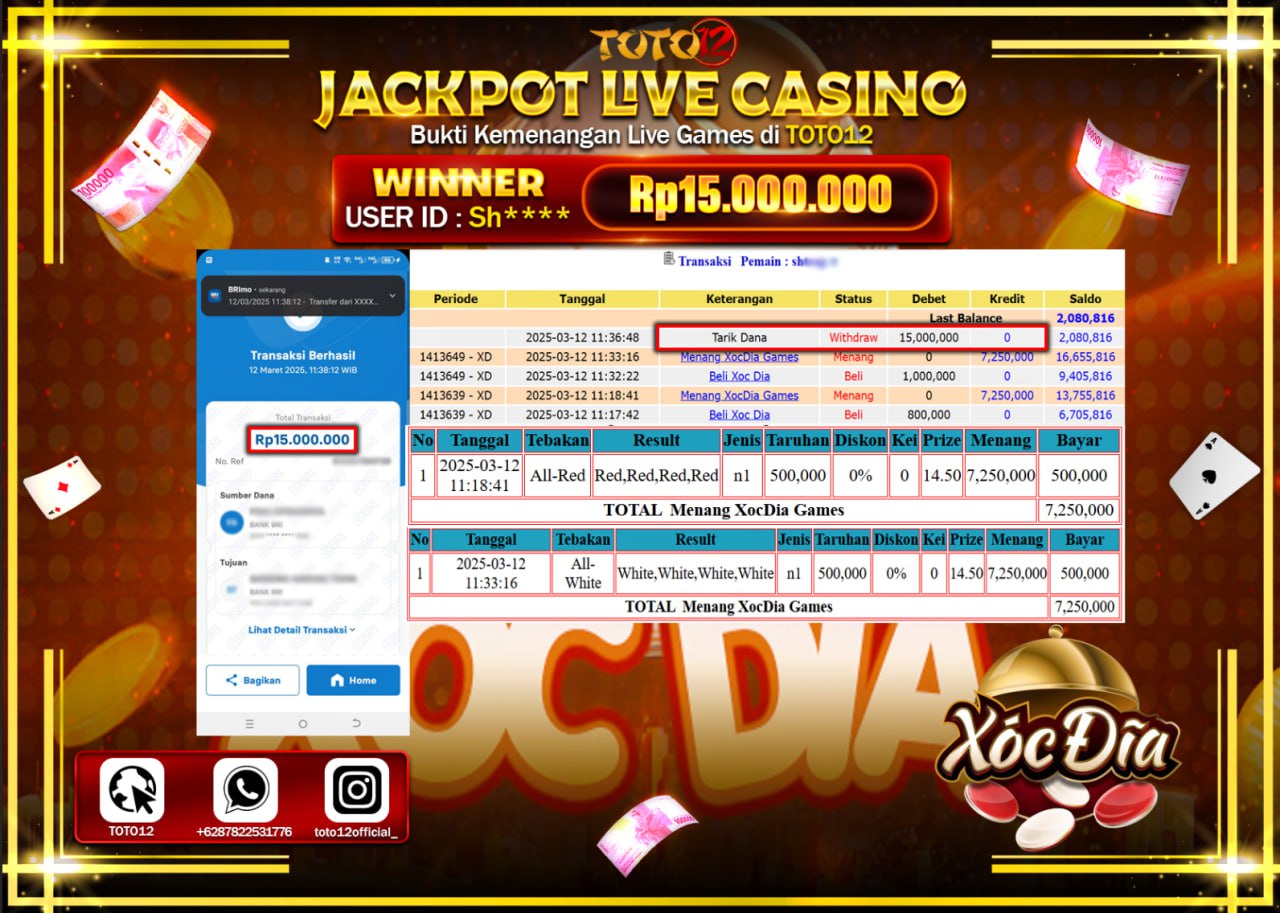 HANYA DI TOTO12 JP PASTI DI BAYAR LUNAS DAN CEPAT!!!!!! JACKPOT LIVE GAMES CASINO (XOC DIA) Rp.15.000.000 !!!!