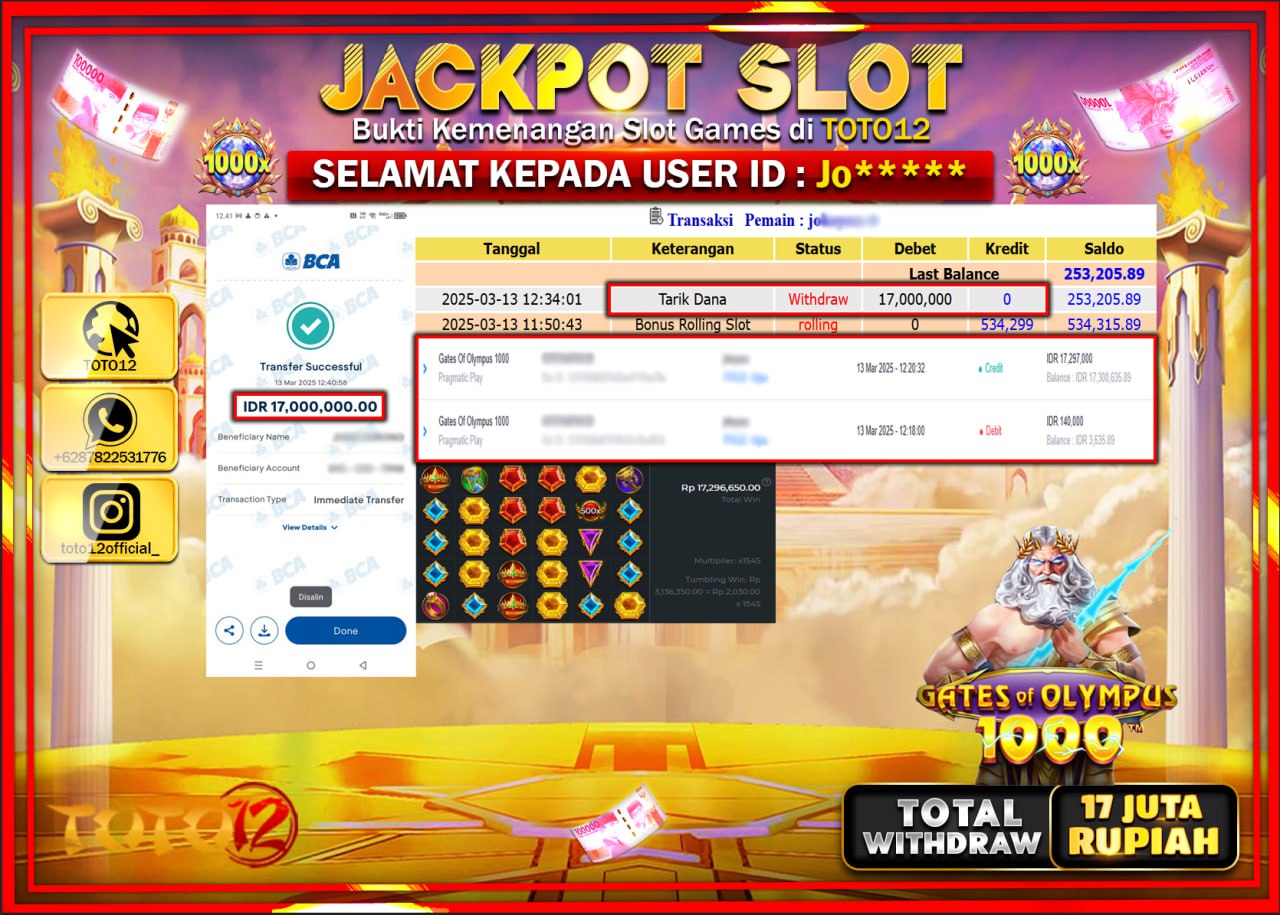 HANYA DI TOTO12 JP PASTI DI BAYAR LUNAS DAN CEPAT!!!!!! JACKPOT SLOT GAME (GATES OF OLYMPUS 1000) Rp.17.000.000 !!!!