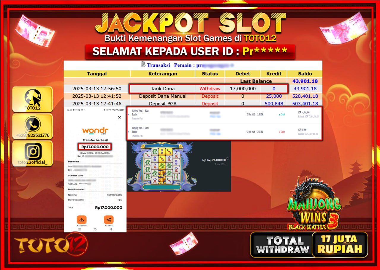 HANYA DI TOTO12 JP PASTI DI BAYAR LUNAS DAN CEPAT!!!!!! JACKPOT SLOT GAME (MAHJONG WINS 3 BLACK SCATTER) Rp.17.000.000 !!!!