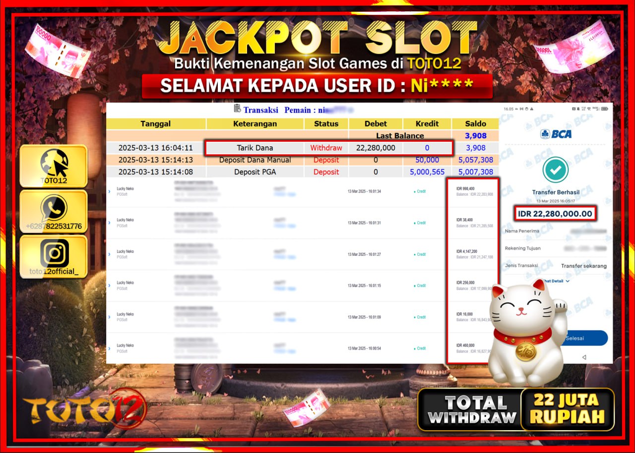   HANYA DI TOTO12 JP PASTI DI BAYAR LUNAS DAN CEPAT!!!!!! JACKPOT SLOT GAME (LUCKY NEKO) Rp.22.000.000 !!!!