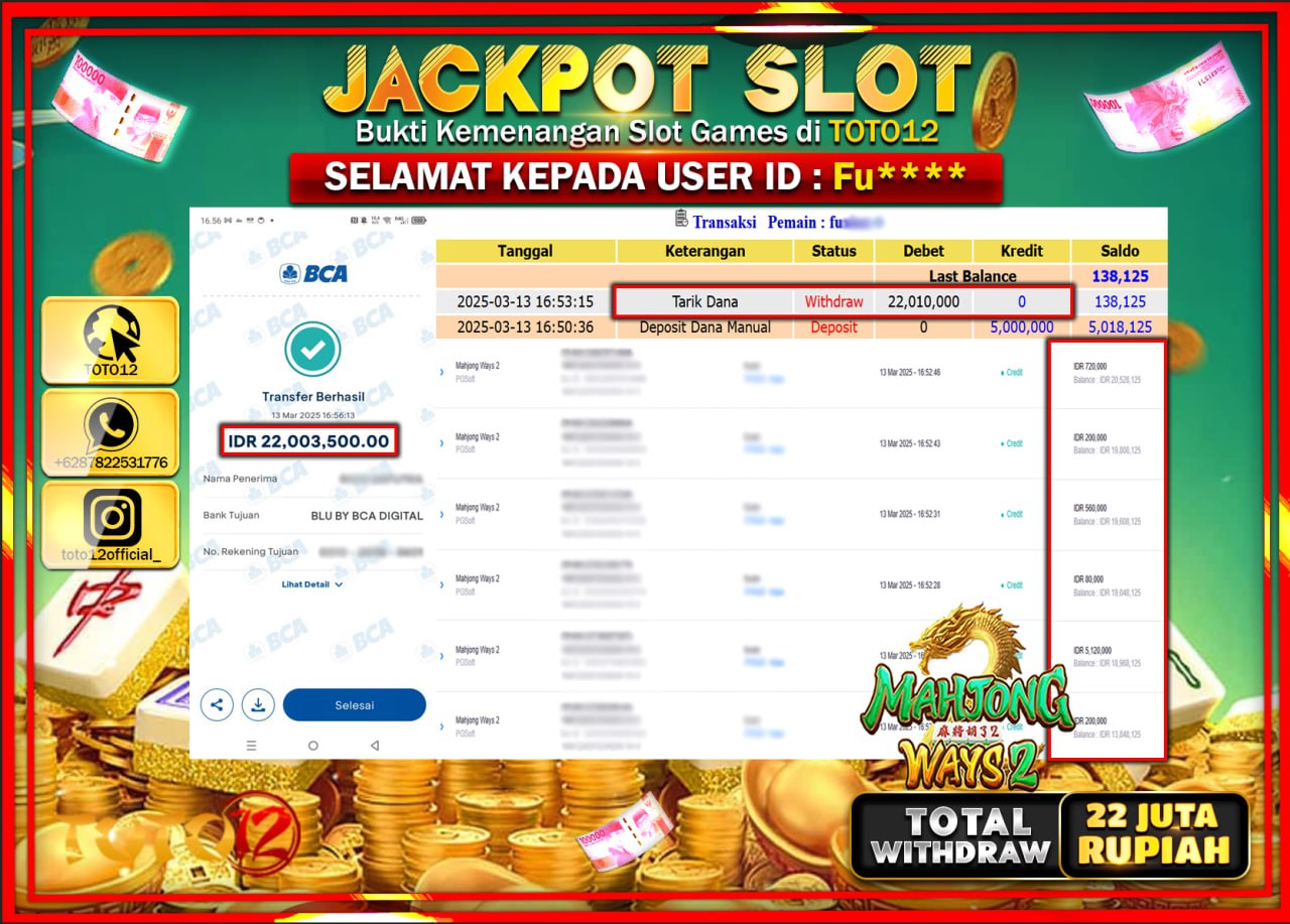 HANYA DI TOTO12 JP PASTI DI BAYAR LUNAS DAN CEPAT!!!!!! JACKPOT SLOT GAME (MAHJONG WAYS 2) Rp.22.000.000 !!!!