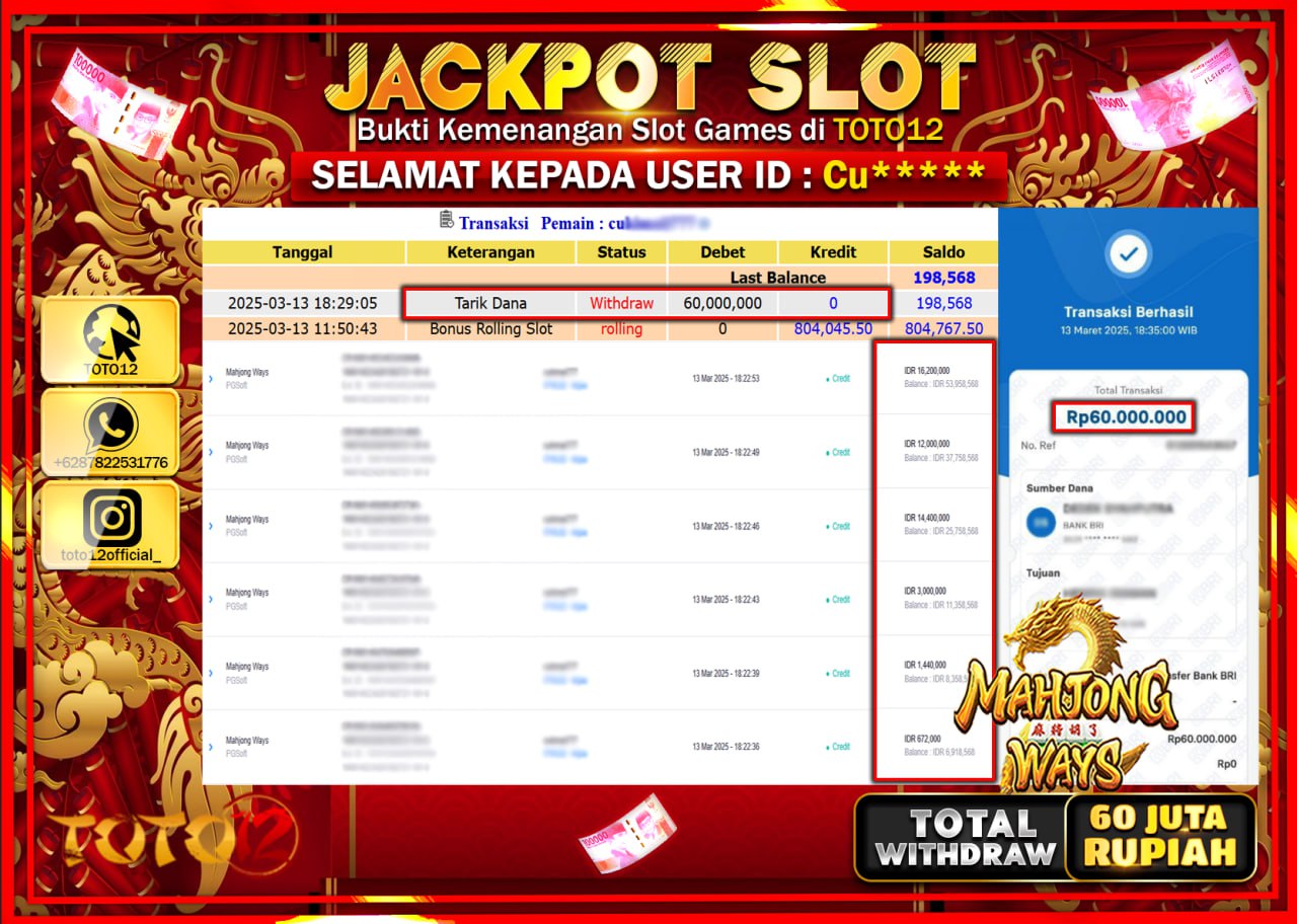 HANYA DI TOTO12 JP PASTI DI BAYAR LUNAS DAN CEPAT!!!!!! JACKPOT SLOT GAME (MAHJONG WAYS) Rp.60.000.000 !!!!