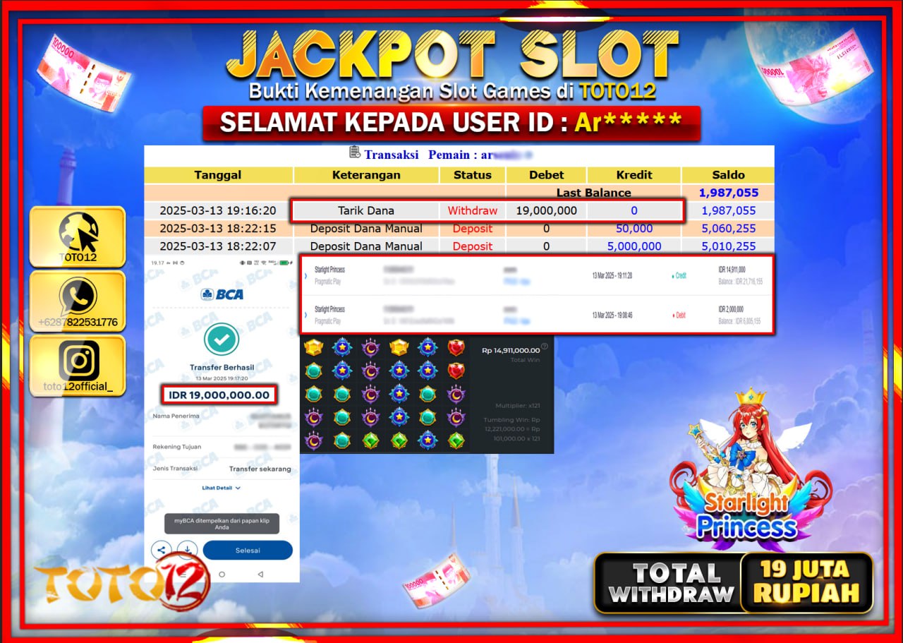 HANYA DI TOTO12 JP PASTI DI BAYAR LUNAS DAN CEPAT!!!!!! JACKPOT SLOT GAME (STARLIGHT PRINCESS) Rp.19.000.000 !!!!