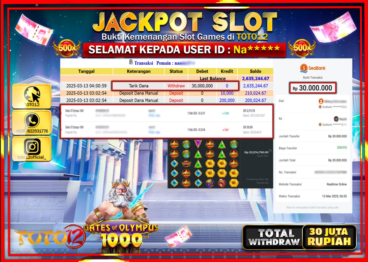 HANYA DI TOTO12 JP PASTI DI BAYAR LUNAS DAN CEPAT!!!!!! JACKPOT SLOT GAME (GATES OF OLYMPUS 1000) Rp.30.000.000 !!!!