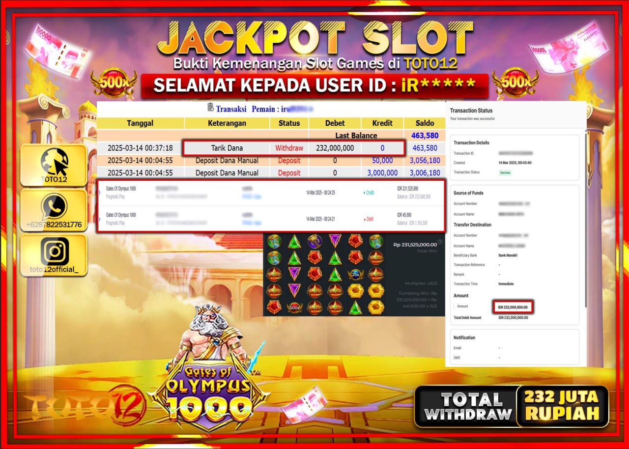 HANYA DI TOTO12 JP PASTI DI BAYAR LUNAS DAN CEPAT!!!!!! JACKPOT SLOT GAME (GATES OF OLYMPUS 1000) Rp.232.000.000 !!!!