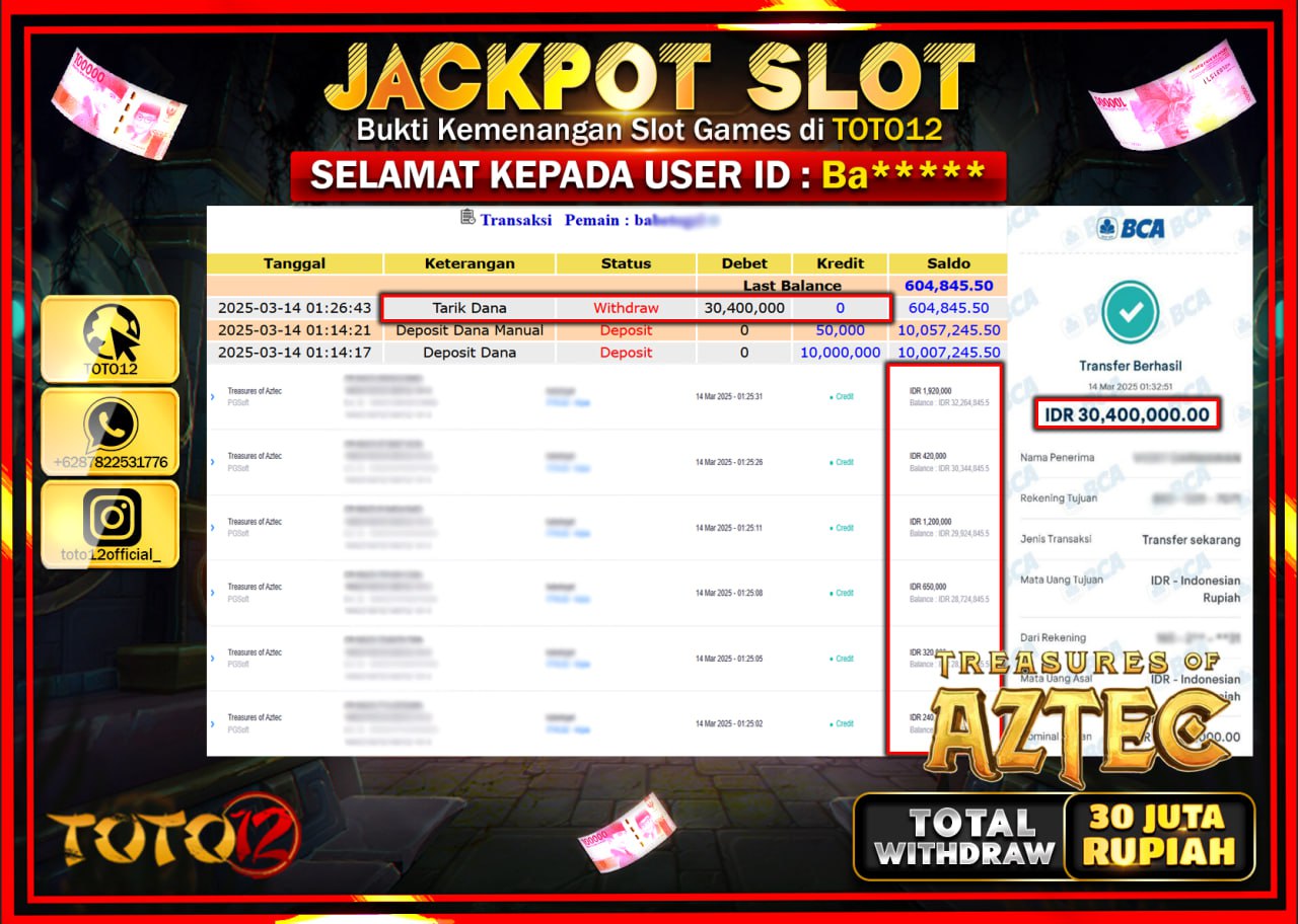 HANYA DI TOTO12 JP PASTI DI BAYAR LUNAS DAN CEPAT!!!!!! JACKPOT SLOT GAME (TREASURES OF AZTEC) Rp.30.000.000 !!!!