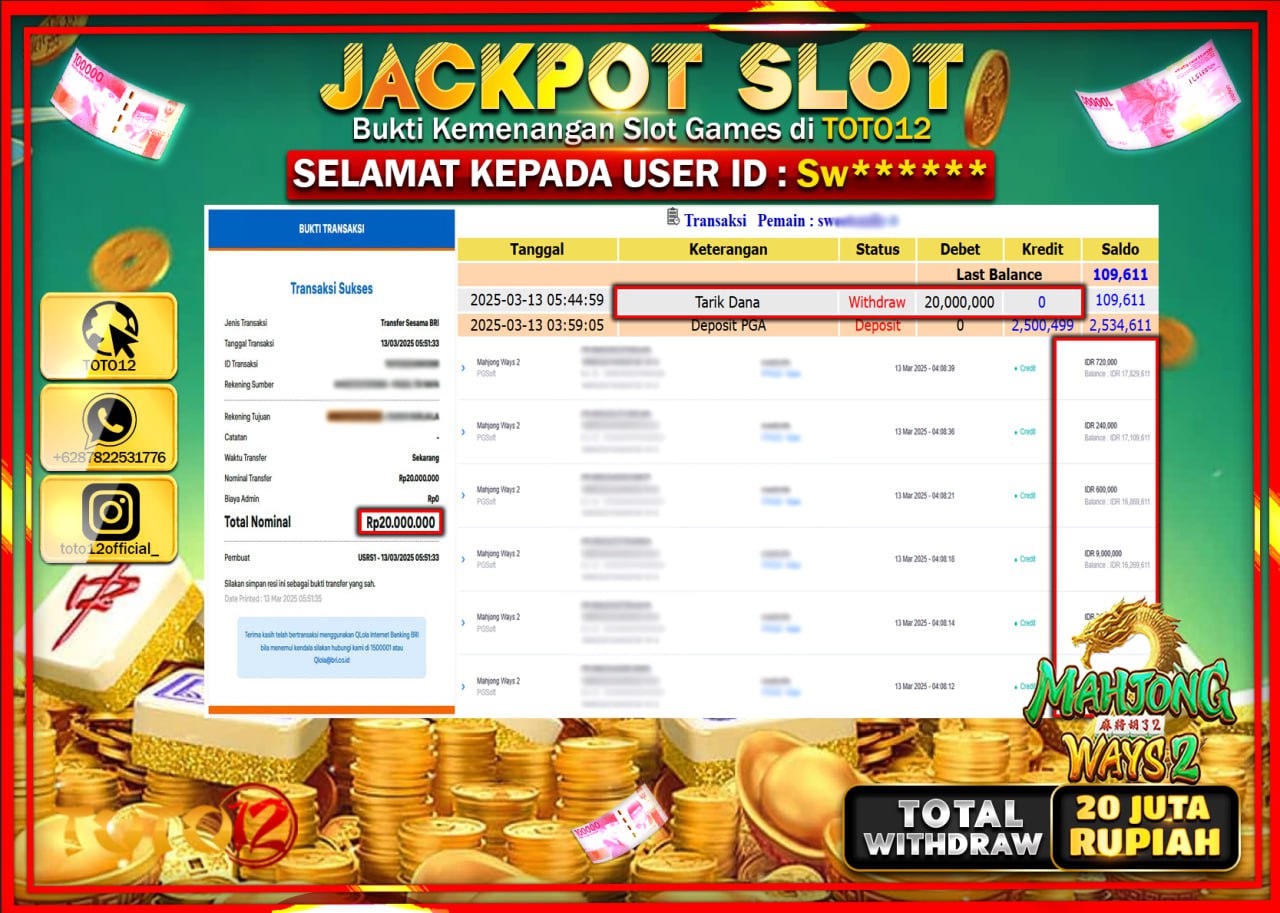 HANYA DI TOTO12 JP PASTI DI BAYAR LUNAS DAN CEPAT!!!!!! JACKPOT SLOT GAME (MAHJONG WAYS 2) Rp.20.000.000 !!!!