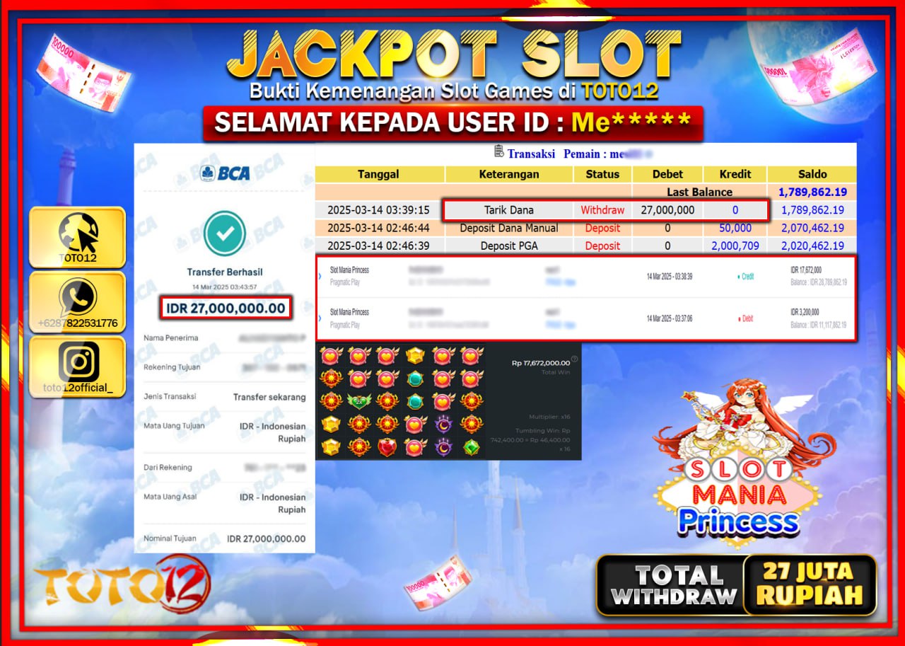 HANYA DI TOTO12 JP PASTI DI BAYAR LUNAS DAN CEPAT!!!!!! JACKPOT SLOT GAME (SLOT MANIA PRINCESS) Rp.27.000.000 !!!!