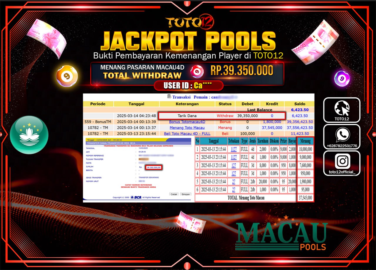 HANYA DI TOTO12 JP PASTI DI BAYAR LUNAS DAN CEPAT!!!!!! JACKPOT POOLS PASARAN (TOTO MACAU4D) Rp.39.350.000 !!!!