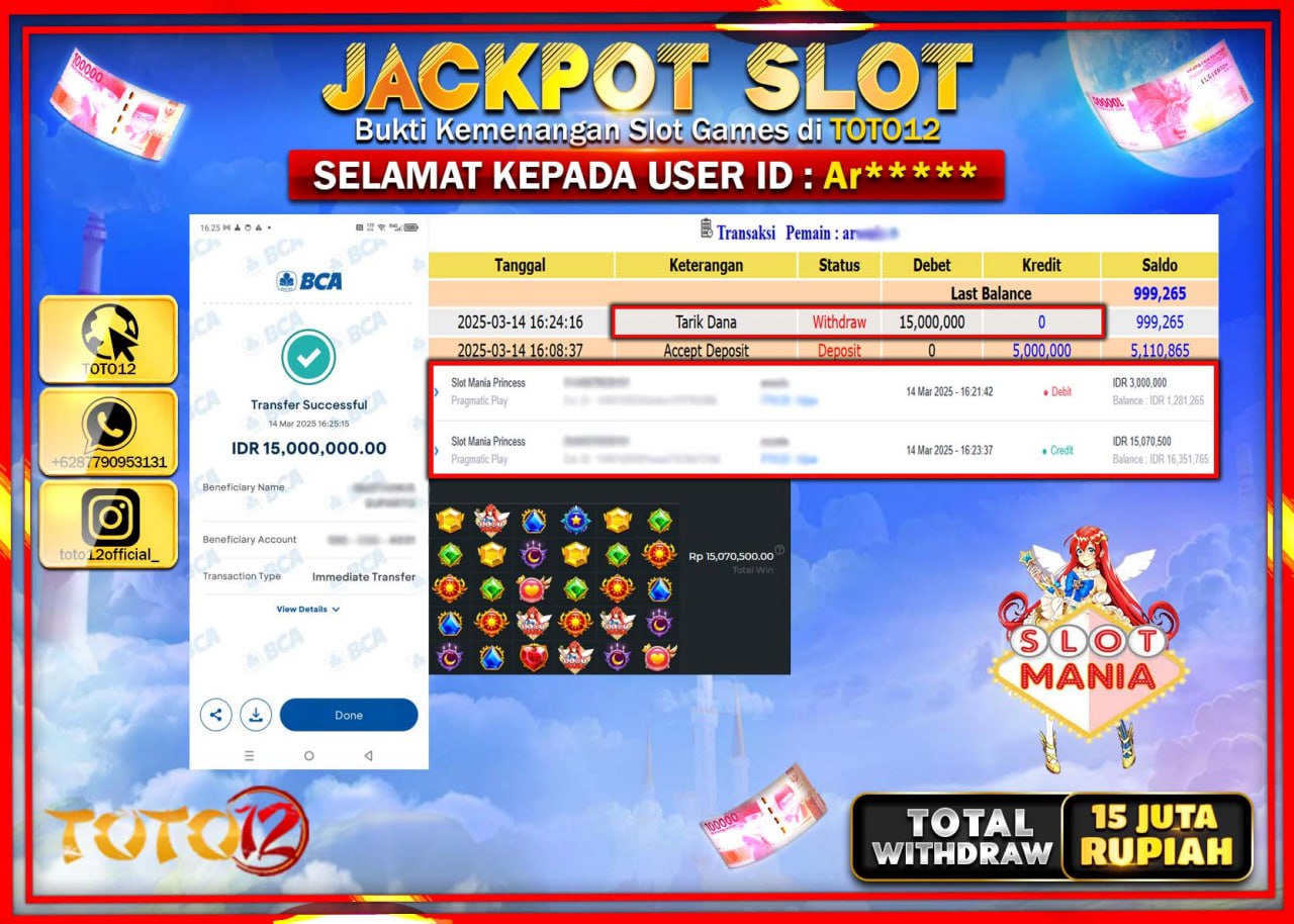 HANYA DI TOTO12 JP PASTI DI BAYAR LUNAS DAN CEPAT!!!!!! JACKPOT SLOT GAME (SLOT MANIA PRINCESS) Rp.15.000.000 !!!!
