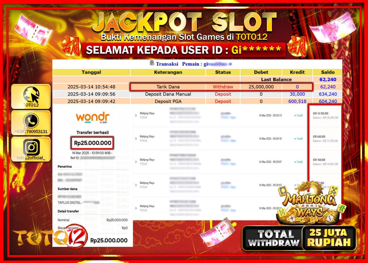 HANYA DI TOTO12 JP PASTI DI BAYAR LUNAS DAN CEPAT!!!!!! JACKPOT SLOT GAME (MAHJONG WAYS) Rp.25.000.000 !!!!