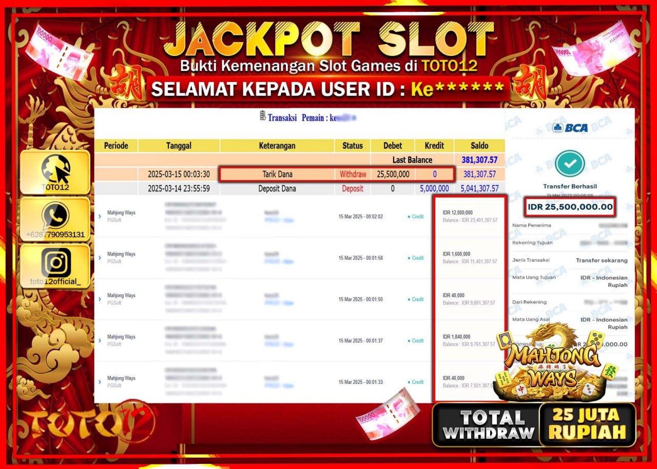 HANYA DI TOTO12 JP PASTI DI BAYAR LUNAS DAN CEPAT!!!!!! JACKPOT SLOT GAME (MAHJONG WAYS) Rp.25.000.000 !!!!